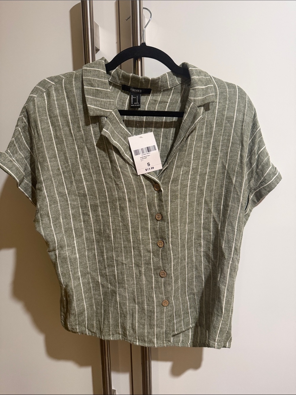 Forever 21 Olive/Ivory and White Striped Button-Front Crop Shirt
